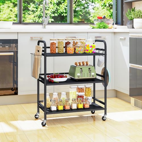 HDANI 3 Tier Metal Rolling Utility Cart,High Capacity Multi Purpose Heavy Duty Cart for Office,Kitchen,Living Room,Bedroom,Black - color: Black, size: Large with Basket