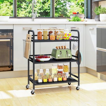 HDANI 3 Tier Metal Rolling Utility Cart,High Capacity Multi Purpose Heavy Duty Cart for Office,Kitchen,Living Room,Bedroom,Black - color: Black, size: Large with Basket