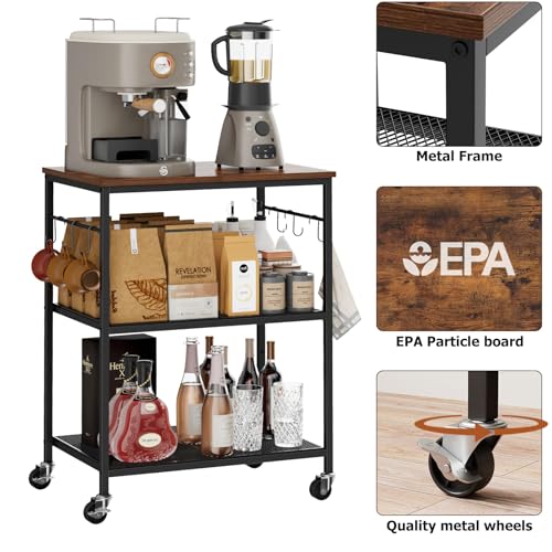 Homleke 3-Tier Rolling Kitchen Microwave Cart, Kitchen Utility Cart on Lockable Wheels, Coffee Bar Table Station with 6 S-Shaped Hooks, Small Appliance Storage Shelf, Rustic Brown and Black - color: Rustic Brown and Black, size: 3-Tier