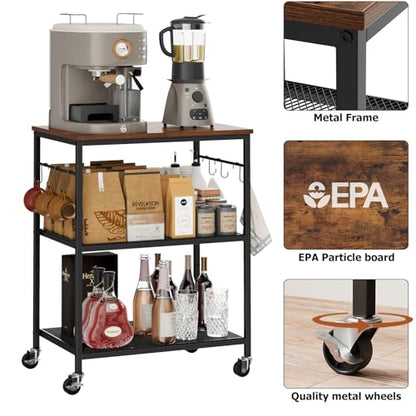 Homleke 3-Tier Rolling Kitchen Microwave Cart, Kitchen Utility Cart on Lockable Wheels, Coffee Bar Table Station with 6 S-Shaped Hooks, Small Appliance Storage Shelf, Rustic Brown and Black - color: Rustic Brown and Black, size: 3-Tier