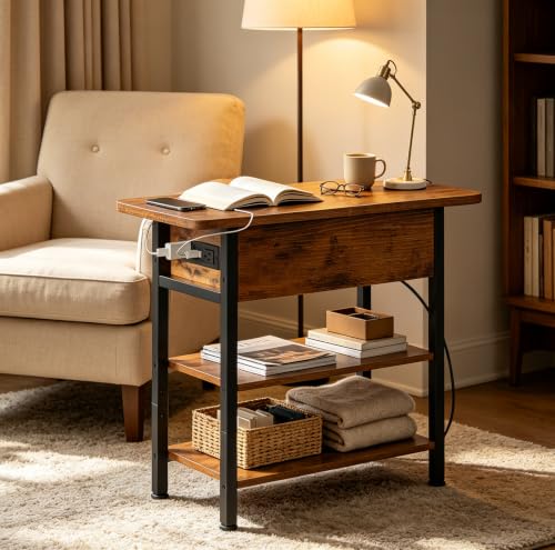 WLIVE 3-Tier End Table with Charging Station, Flip Top Narrow Side Table with Storage Shelf, Small Nightstand with USB Ports and Outlets,Bedside Table for Living Room, Bedroom - color: Rustic Brown