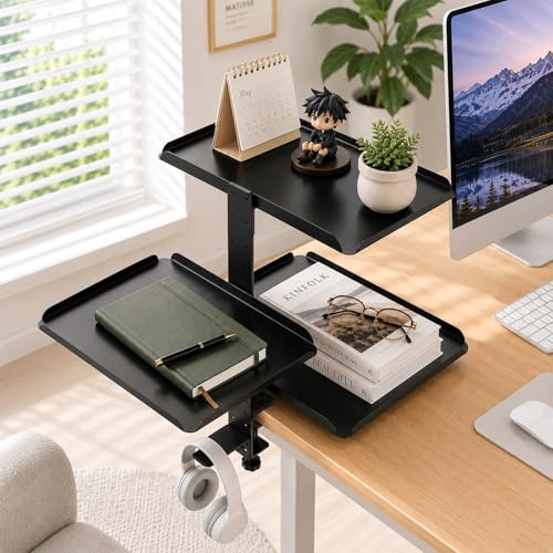 3 Tier Clamp On Desk Shelf, No Drill Desk Extension Shelving Unit with Adjustable Metal Trays & Headphone Stand Above or Under Desk Storage, Heavy Duty Desktop Storage Rack for Home Office
