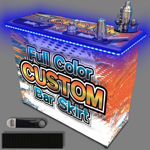 PartyLife Custom Premium Portable Bar Table w/LED Lights, Folding Legs, Black Fabric Bar Skirt, 2 Storage Shelves & 2 Carrying Bags | Commercial Grade | Strong & Sturdy - color: Custom, size: Premium, style: LED Lights
