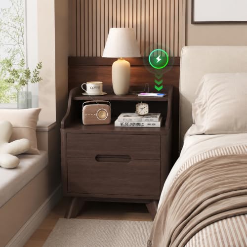 21" Nightstand with Charging Station, Wood Bedside Table w/2 Drawers, Brown | Large Mid Century End Table with Hidden Handle, Open Storage Shelf, Wood End Table Side Bedside Table for Bedroom, Dorm - color: Brown, size: Wide (2 drawer)