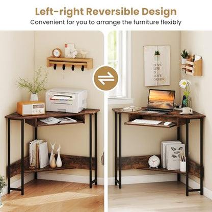 Giantex Small Corner Desk with Charging Station, Triangle Computer Desk with Keyboard Tray & Storage Shelf, Metal Corner Writing Desk for Bedroom, Small Space, Home Office, Black & Rustic Brown
