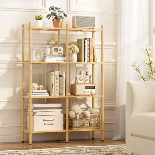 Book Shelf, 4 Tier Bamboo Bookshelf, Tall Bookcase with 8 Open Display Shelves Storage Organizer, Adjustable Bookshelves Standing Shelf Units for Bedroom, Living Room, Bathroom, Home Office - color: Natural, size: 4 Tier