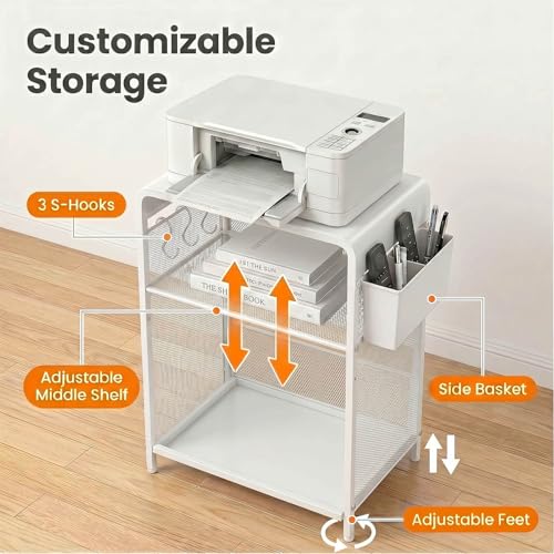 ECOLOVI 3 Tier Printer Stand for Under Desk, Height Adjustable Shelf Small Printer Table with 3 S-Hooks & Basket, Heavy Duty Industrial Storage Shelf for Home Office (White Metal) - color: White