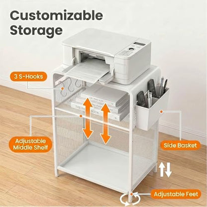 ECOLOVI 3 Tier Printer Stand for Under Desk, Height Adjustable Shelf Small Printer Table with 3 S-Hooks & Basket, Heavy Duty Industrial Storage Shelf for Home Office (White Metal) - color: White