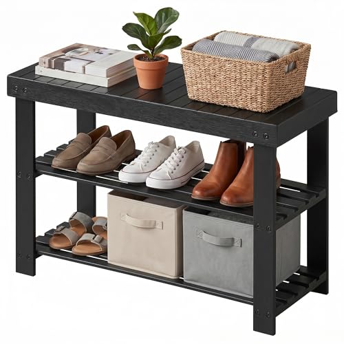 SONGMICS HOME 3-Tier Bamboo Shoe Bench, Shoe Rack, for Entryway Bathroom Bedroom, 11.5 x 27.8 x 18 Inches, Black - color: Black