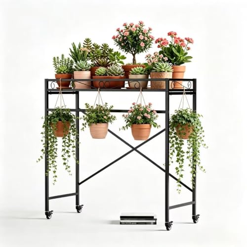 Zhongma 1 Tier Window Height Sturdy Metal Plant Stand with Wheels, 40.5x16x40.4 in High, Heavy Duty Succulent Shelf for Home Indoor and Outdoor, 220 LBS Capacity & Heavy Duty Construction - color: 1 Tier 40.5x16x40.4 Inch High