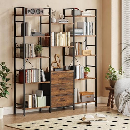 AFLUI Triple Bookshelf with 3 Fabric Drawers, 5-Tier Book Shelf and 10 Display Shelves, Industrial Large Bookcase for Home & Office, Rustic Brown, 47'' Wide - color: Rustic Brown, size: 5 Tier(47" W)
