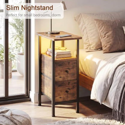 LOAKEKEL Narrow Nightstand with Charging Station, End Tables Living Room | Set of 2, Skinny Side Table with 2 Fabric Drawers, Small Sofa Table with LED Light for Bedroom, Rustic Brown - color: Rustic Brown, style: Power + Light