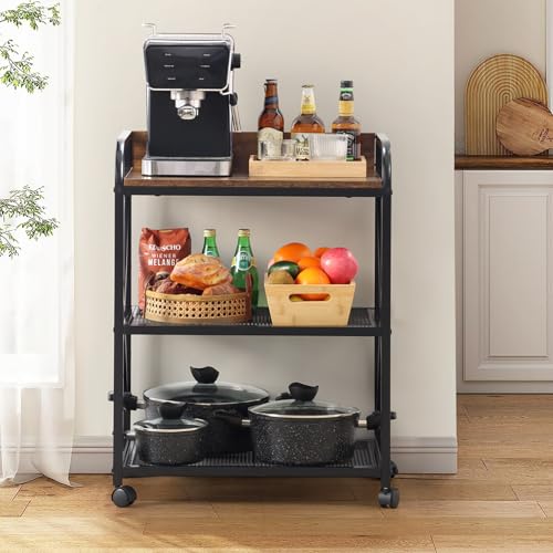 KATHY&BOB Rolling Kitchen Microwave Cart, 3 Tier Microwave Table Stand with Storage, Kitchen Utility Carts on Lockable Wheels, Small Coffee Cart Shelf Rack Organizer for Living Room Office Balcony