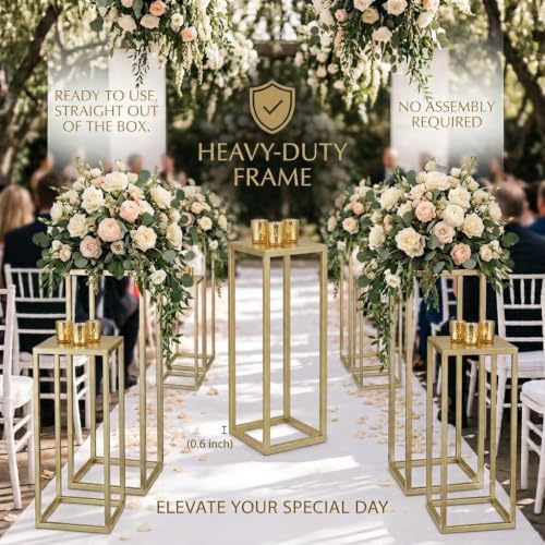 Gold Plant Stand Indoor Pack of 2, No Assembly Required Metal Pedestal Flower Stand, Upgraded 0.6" Heavy Duty Column Table for Wedding Centerpieces, Living Room Modern Flowerpot Holder Rack - color: Gold
