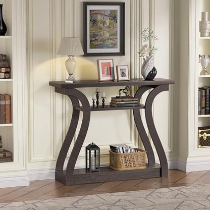 47" Wood Console Table for Entryway, Narrow Sofa Table with 3-Tier Shelves | Curved Legs Farmhouse Hallway Table, Skinny Console Table Behind Couch, Rustic Wooden Entry Table for Living Room (Brown) - color: Dark Brown