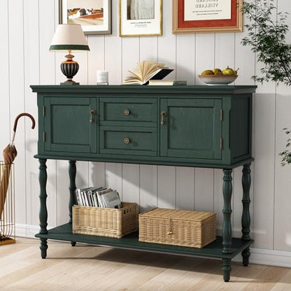 ARTPOWER Console Table with 2 Drawers, Retro Entryway Table with 2 Door Cabinets and Open Storage Shelf, Narrow Long Behind Couch Sofa Table for Living Room, Foyer, Hallway, Green - color: Green