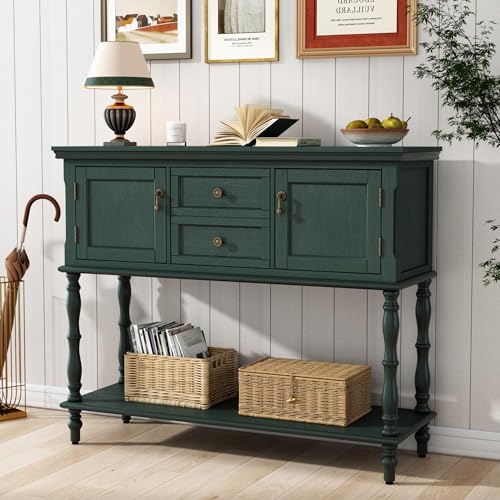 ARTPOWER Console Table with 2 Drawers, Retro Entryway Table with 2 Door | Solid Wood Veneer Entry Table, Behind Couch Sofa Table with Open Storage Shelf for Living Room, Foyer, Hallway - color: Green