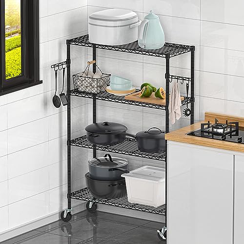 Folews 4-Tier Storage Shelving Unit with Wheels, Metal Rolling Storage Shelves NSF Adjustable Layer Steel Rack Shelf, Wire Shelving Storage for Kitchen Garage Pantry Office, Black (14D x 36W x 57H) - size: 4-Tier