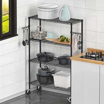 Folews 4-Tier Storage Shelving Unit with Wheels, Metal Rolling Storage Shelves NSF Adjustable Layer Steel Rack Shelf, Wire Shelving Storage for Kitchen Garage Pantry Office, Black (14D x 36W x 57H) - size: 4-Tier