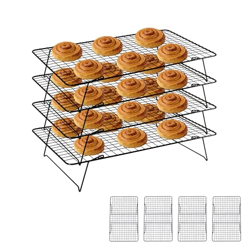 Cooling Rack 16"x10", 4-Tier Stackable & Collapsible Cooling Racks | Cooling Racks for Cooking and Baking, Roasting, Grilling, Oven & Dishwasher Safe (Black, 4-Tier) - color: Black, size: 4-Tier
