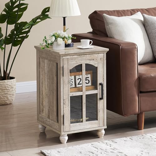 RWYHG Narrow Side Table, Farmhouse Nightstand with Charging Station | End Tables with Glass Barn Door, Cabinet Organizer with Adjustable Shelf, Night Stand for Small Spaces Living Room Bedroom - color: Grey, size: Set 1