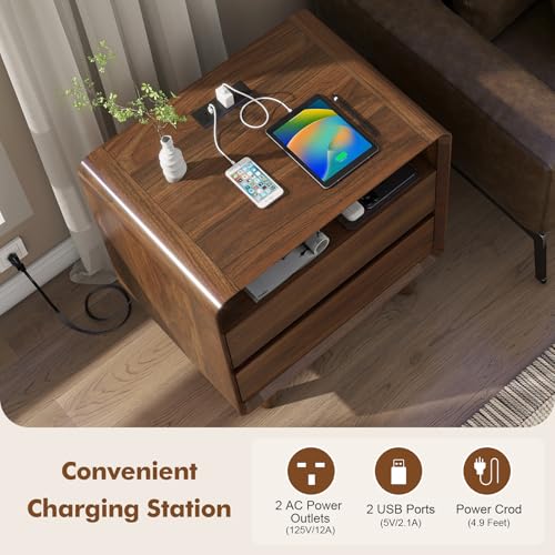 Nasonet Mid Century Modern Nightstand with Charging Station, Wood Bedroom End Tables Nightstands with Drawers, Curved Bedside Table for Living Room, Bedroom, Walnut - color: Walnut, size: 2 Drawers