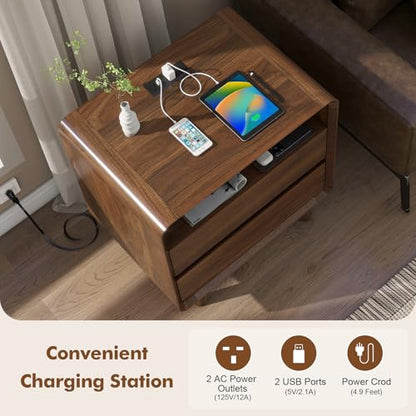 Nasonet Mid Century Modern Nightstand with Charging Station, Wood Bedroom End Tables Nightstands with Drawers, Curved Bedside Table for Living Room, Bedroom, Walnut - color: Walnut, size: 2 Drawers