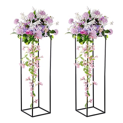 Black Tall Plant Stand: 39.4in, With Metal Panel, Packs of 2 | Columnar Cube Shape, Easy to Assembly, Flowers Cakes Drinks Display Table Centerpieces for Wedding Party Event - color: Black-2PSC, size: 39.4 inches - 2 Pcs