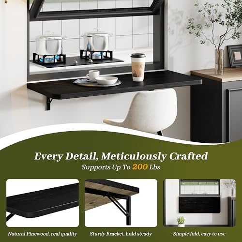 Dogsky 36" x 14" Floating Wall Desk, Fold Down Wall Table - 200 lbs Heavy Duty Solid Pine Wall Mount Folding Desk for Home Office, Laundry Room, Kitchen & Small Apartment, Black - color: Black, size: 36'' x 13.7'' x 6.3''