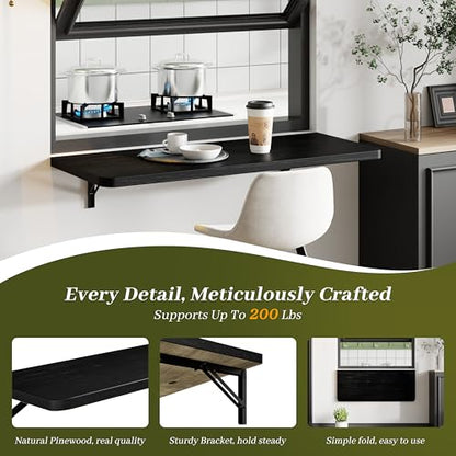 Dogsky 36" x 14" Floating Wall Desk, Fold Down Wall Table - 200 lbs Heavy Duty Solid Pine Wall Mount Folding Desk for Home Office, Laundry Room, Kitchen & Small Apartment, Black - color: Black, size: 36'' x 13.7'' x 6.3''