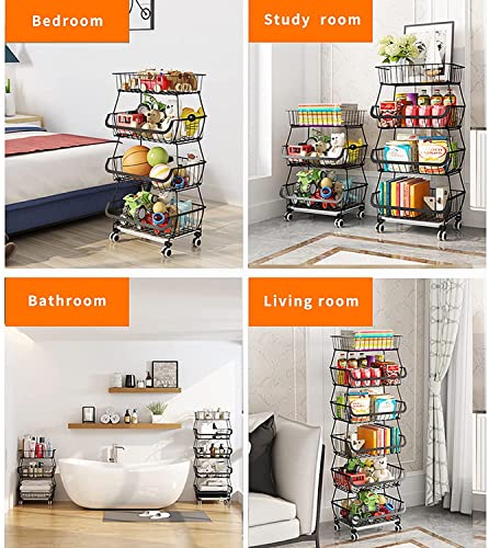 Metal Wire Baskets with Wheels, Stackable Storage Bins Kitchen Organizer Shelf 3-4-5-6 Tier Fruit Vegetable Cart Dishes Seasonal Rack Shelves for Garage, Pantry, Bathroom - size: 4 Tier without Slide Drawer
