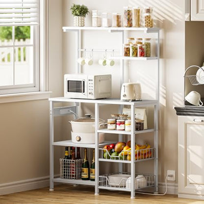 HOOBRO Large Bakers Rack with Power Outlets, 6-Tier Microwave Stand with 4 Hooks, Coffee Bar, Kitchen Shelf with Wire Basket, for Kitchen, Living Room, Office, White WW64UHB01 - color: White