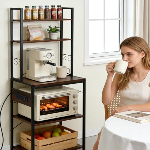 Cheersstar Bakers Rack with Power Outlet - Microwave Oven Stand 5 Tiers, Kitchen Storage Shelf Rack with 6 S-Shaped Hooks, Coffee Bar Cabinet for Kitchen, Entryway, Living Room, Rustic Brown