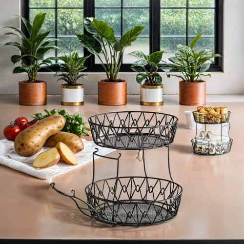 2 Tier Fruit Basket for Kitchen Counter, Metal Wire Fruit Bowl Stand with Banana Holder, Corner Fruit Basket, Stackable Produce Baske Countertop Storage, Copper Finish (black)