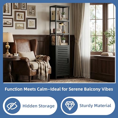HITNET Bathroom Cabinet Freestanding, Tall Slim Bamboo Storage Cabinet with Single Door and Open Shelves, Space Saving Kitchen Cupboard Organizer, Black - color: Black