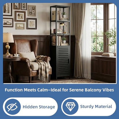 HITNET Bathroom Cabinet Freestanding, Tall Slim Bamboo Storage Cabinet with Single Door and Open Shelves, Space Saving Kitchen Cupboard Organizer, Black - color: Black