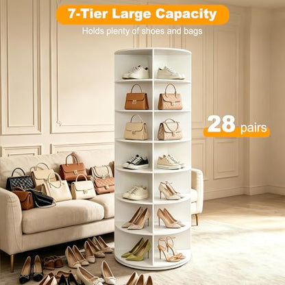 7 Tier Rotating Shoe Rack Tower, Large Storage Organizer for 28-Pair Shoes, Space-Saving Free Standing Shoe Racks for Display Handbags Hats Decor - White