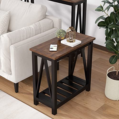 ChooChoo Farmhouse End Table Set of 2, Narrow Side Table with Shelf | Slim Bedside Table ,Small Spaces, Rustic Nightstand, Living Room, Bedroom,Black - color: Black, size: 2 Pack