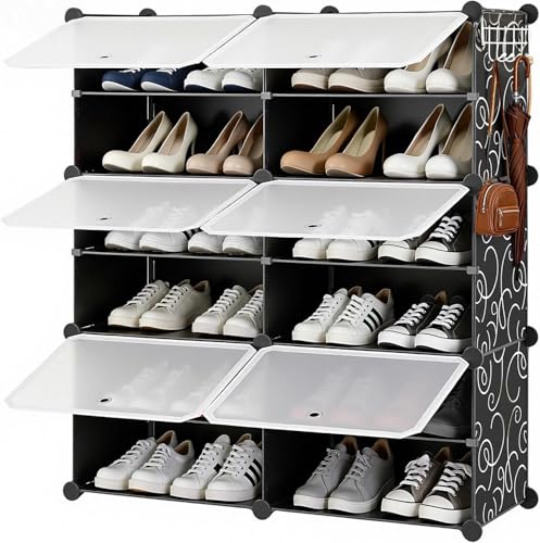 Simple Deluxe 6-Tier Shoe Rack Organizer with Doors, Stackable Shoe Storage Cabinet for Entryway Closet, Plastic Shoe Shelf with Metal Frame, Holds up to 24 Pairs for Bedroom Hallway, Black - color: Black, size: 2×3 Tier, 24-Pair
