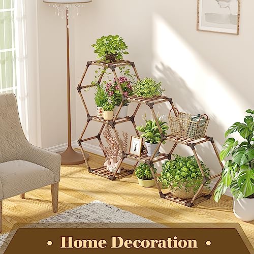 Tikea Hexagonal Indoor Outdoor Plant Stand, 7-Tier Wooden Plant Shelf | Large Plant Shelves Indoor Plant Rack for Patio Balcony Window Living Room Decor, DIY Creative unique Shapes Plant Stand