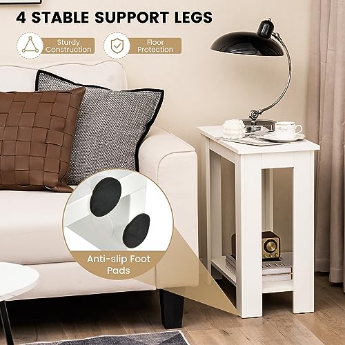 Giantex Narrow End Table Set of 2, 2-Tier Side Table with Open Storage Shelf, Retro Wood Sofa Table Bedside Tables for Small Spaces, Slim Nightstand for Living Room, Bedroom, Easy Assembly, White - color: White