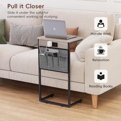 C Shaped End Table with Charging Station, 28" Tall Couch Side Table, Sofa Table Beside Table, Slide Under Sofa Arm C Table for Small Spaces, TV Tray Table for Living Room, Bedroom, Gray - color: Grey