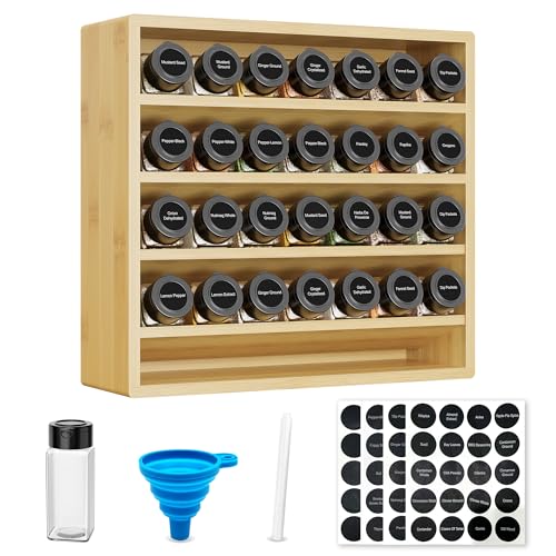 Orimade 4 Tier Spice Rack Organizer for Cabinet with 28 Plastic Spice Jars, Freestanding Bamboo Seasoning Rack for Countertop, Cupboard, Pantry, Kitchen, 13.18 x 4.13 x 12.2 inches - color: Bamboo with 28 Jars