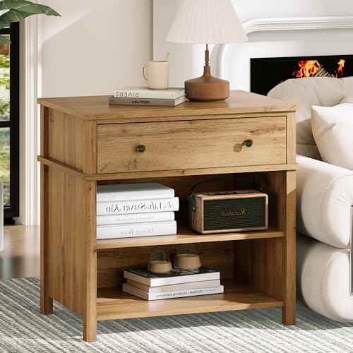 End Table with Drawer and 2 Tier Shelves, Wood Sofa Side Table for Living Room, Modern Nightstand Bedside Table for Bedroom, Small Console Table for Entryway, Hallway, Natural - color: Natural