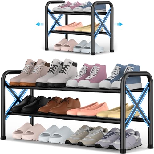 YEASHEIN 2-Tier Expandable Shoe Rack for Closet Floor, X-Frame Metal Small Shoe Rack for Entryway, Adjustable Shoe Shelf Organizer, Free Standing Shoe Racks for Front Door Entrance, Garage - Black - color: Black, size: 2 Tier