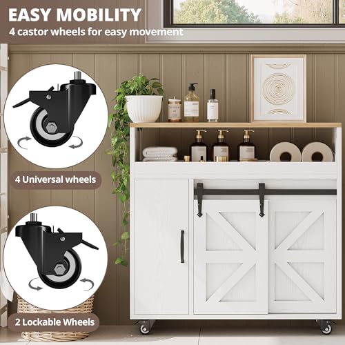 IRONCK Toilet Paper Cabinet, Slim Bathroom Cabinet with 4 Rolling Wheels, Farmhouse Slim Storage Cart with Paper Holes, Sliding Doors and Adjustable Shelf for Small Space, White/Natural