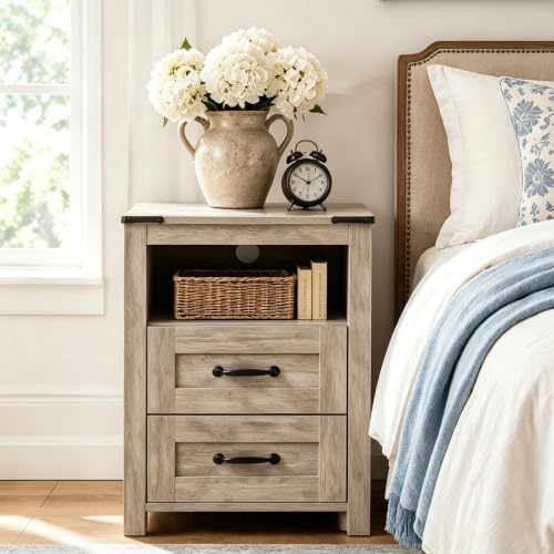 Farmhouse Nightstand with Charging Station, Bedside Table with 2 Drawers Storage, Farmhouse Night Stand with Open Shelf, End Table for Bedroom, Grey - color: Grey, size: 1pcs with Charging