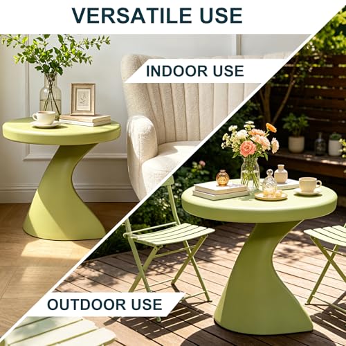 16" Modern Z-Shaped Round Side Table, Matcha Green Accent End Table, Unique PE Small Coffee Table for Living Room Bedroom, No Assembly Indoor/Outdoor Nightstand - color: Dark Green-z