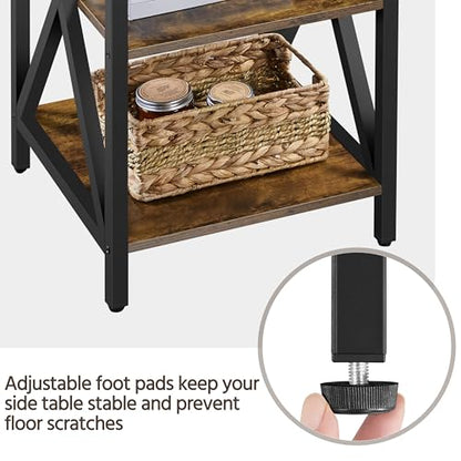 Yaheetech Rustic Brown Industrial End Table, 3-Tier X-Frame for Living Room | Wood-Grain Particle Board on Metal X-Frame, Top Holds 22 lb, 2 Open Storage Shelves for Baskets, 16-Inch Sofa-Side Fit - color: Rustic Brown