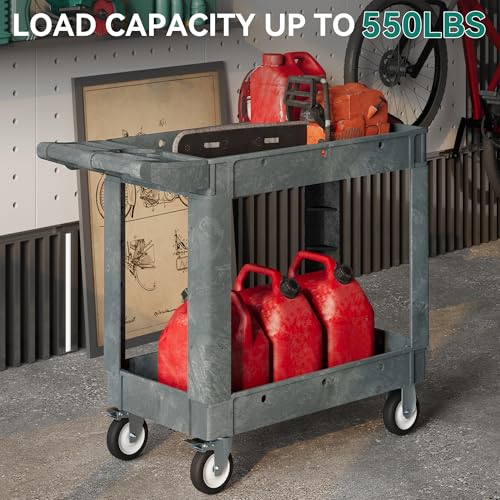 YITAHOME Grey Utility Cart on Wheels, 550 lbs Capacity, 40 x 17 Inch | Rolling Work Carts with Wheels, 2 Shelf Heavy Duty Plastic Service Cart Suitable for Warehouse, Garage, School & Office